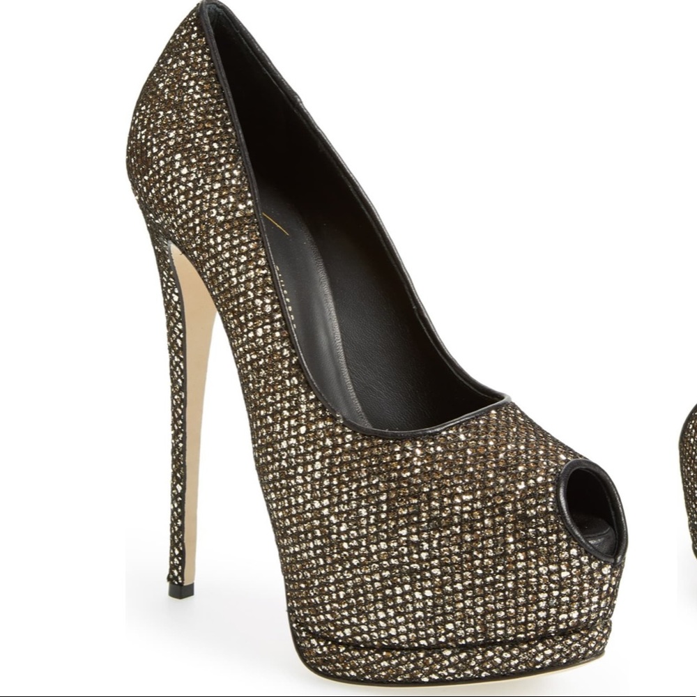 Giuseppe Zanotti black and gold peep toe heels
